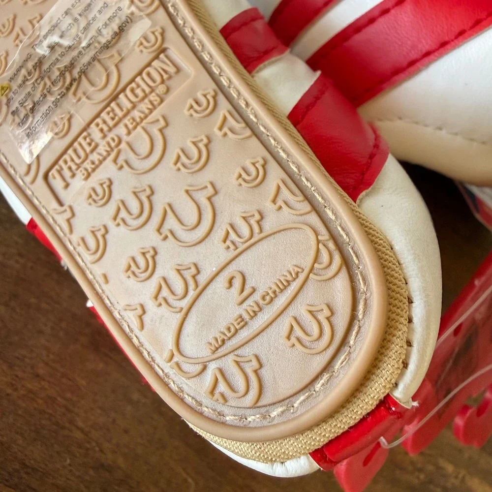 True Religion Baby Soft Sole Crib Shoes Size 2 White Red Hook & Loop NWT